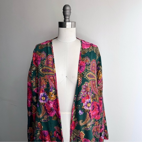 VINTAGE Y2K RARE VICTORIAS SECRET 100% SILK PAISLEY METALLIC GOLD PRINTED KIMONO - Picture 2 of 8